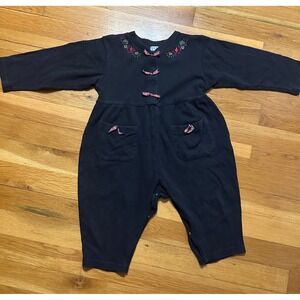 Vintage Baby Gap Black Floral Embroidered Romper Plaid Bows 18-24M Cotton XL